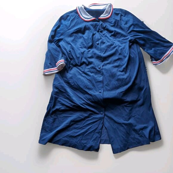 Vintage Lorraine Women's M Navy Blue White Striped Button Up Collared Midi Robe - Picture 1 of 11